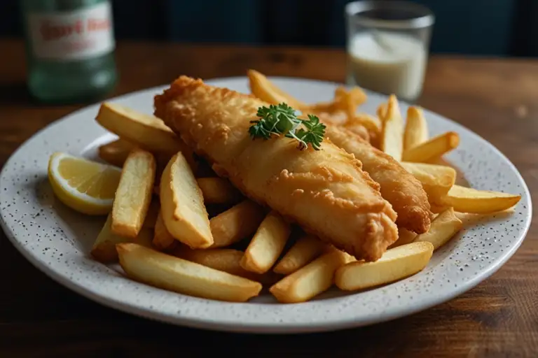 Crispy Fish and Chips Served with Tartar Sauce