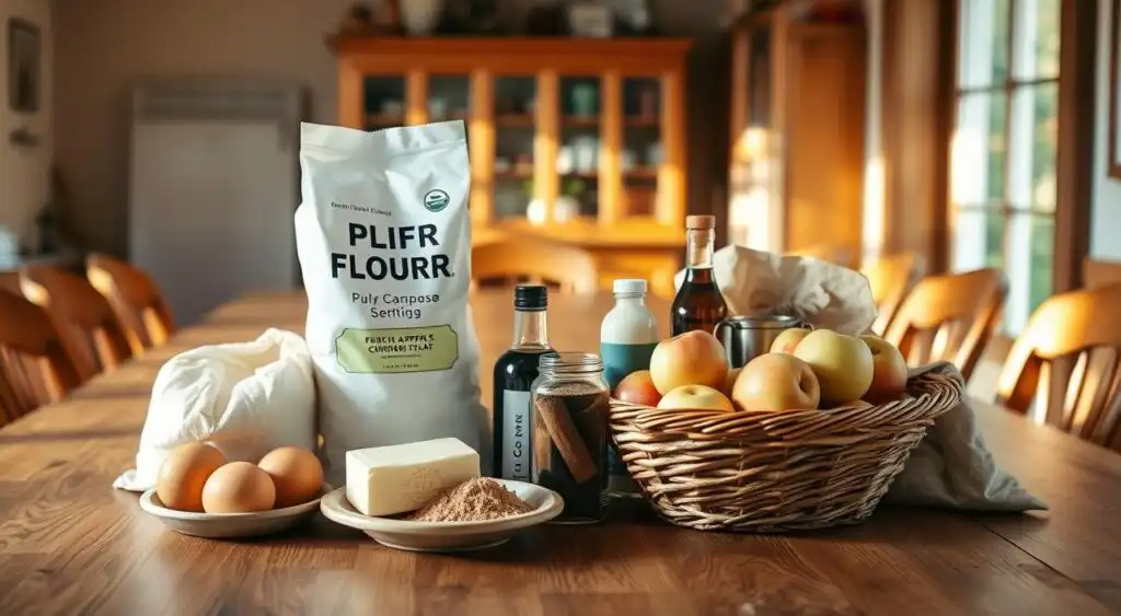 A large oak dining table, bathed in warm, natural light filtering through a nearby window. Artfully arranged on the tabletop are the ingredients for a delightful Dutch apple coffee cake: a sack of all-purpose flour, a carton of fresh eggs, a stick of creamy butter, a jar of ground cinnamon, a bottle of vanilla extract, a basket of crisp, freshly picked apples, and a bag of brown sugar. The scene evokes a cozy, homemade atmosphere, inviting the viewer to imagine the aroma of the freshly baked treat. A large oak dining table, bathed in warm, natural light filtering through a nearby window. Artfully arranged on the tabletop are the ingredients for a delightful Dutch apple coffee cake: a sack of all-purpose flour, a carton of fresh eggs, a stick of creamy butter, a jar of ground cinnamon, a bottle of vanilla extract, a basket of crisp, freshly picked apples, and a bag of brown sugar. The scene evokes a cozy, homemade atmosphere, inviting the viewer to imagine the aroma of the freshly baked treat.