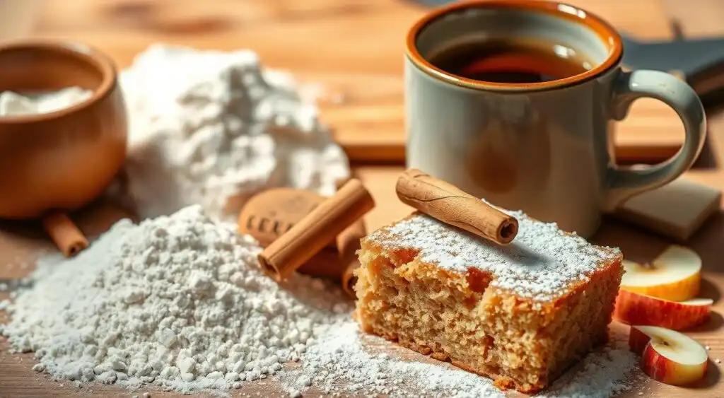A neatly arranged composition of baking essentials for crafting the perfect Dutch apple coffee cake. In the foreground, a mix of dry ingredients - flour, sugar, cinnamon, and baking powder - artfully displayed against a backdrop of freshly brewed coffee in a classic ceramic mug. The mid-ground features a golden-brown, moist coffee cake slice, dusted with powdered sugar and adorned with a cinnamon stick. Soft, natural lighting illuminates the scene, creating a cozy, inviting atmosphere. The background subtly hints at a pastoral kitchen setting, with a wooden cutting board and a few stray apple slices lending a rustic charm. The overall mood is one of warmth, comfort, and the promise of a delectable homemade treat. A neatly arranged composition of baking essentials for crafting the perfect Dutch apple coffee cake. In the foreground, a mix of dry ingredients - flour, sugar, cinnamon, and baking powder - artfully displayed against a backdrop of freshly brewed coffee in a classic ceramic mug. The mid-ground features a golden-brown, moist coffee cake slice, dusted with powdered sugar and adorned with a cinnamon stick. Soft, natural lighting illuminates the scene, creating a cozy, inviting atmosphere. The background subtly hints at a pastoral kitchen setting, with a wooden cutting board and a few stray apple slices lending a rustic charm. The overall mood is one of warmth, comfort, and the promise of a delectable homemade treat.