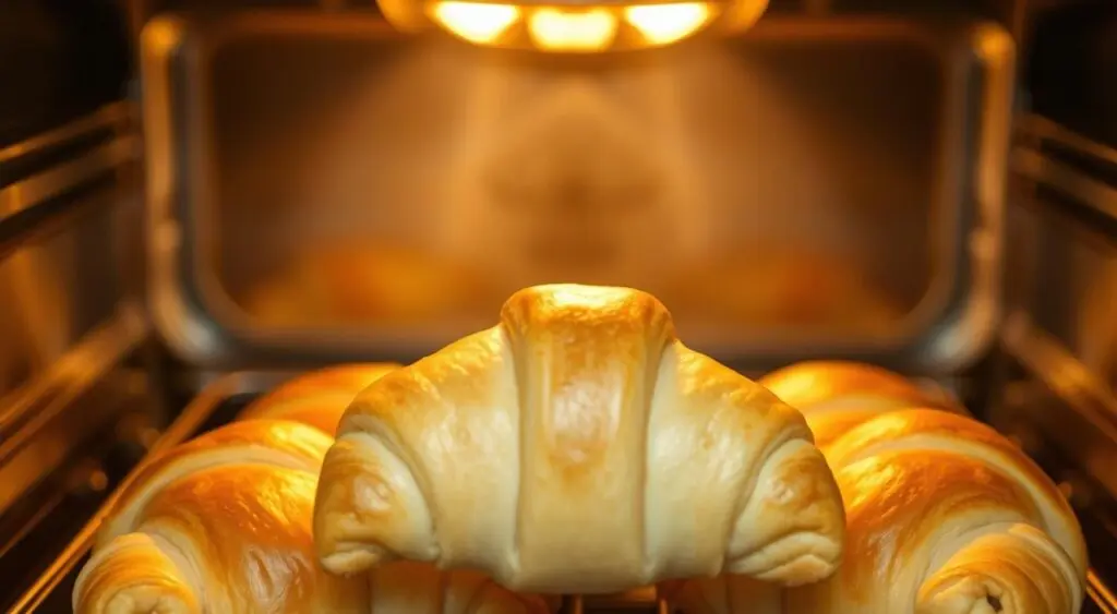 Close-up photograph of golden brown crescent rolls baking in a modern stainless steel oven, shot from a low angle. The rolls are freshly risen, glistening with a sheen of butter, and emitting a mouthwatering aroma. Warm, even lighting from above casts a soft glow, highlighting the delicate, flaky texture of the rolls. The oven interior is visible, with a slight blur around the edges to draw the eye to the centerpiece rolls. Subtle reflection of the rolls visible on the oven door. Conveys a sense of comfort, indulgence, and anticipation of freshly baked perfection. Close-up photograph of golden brown crescent rolls baking in a modern stainless steel oven, shot from a low angle. The rolls are freshly risen, glistening with a sheen of butter, and emitting a mouthwatering aroma. Warm, even lighting from above casts a soft glow, highlighting the delicate, flaky texture of the rolls. The oven interior is visible, with a slight blur around the edges to draw the eye to the centerpiece rolls. Subtle reflection of the rolls visible on the oven door. Conveys a sense of comfort, indulgence, and anticipation of freshly baked perfection.