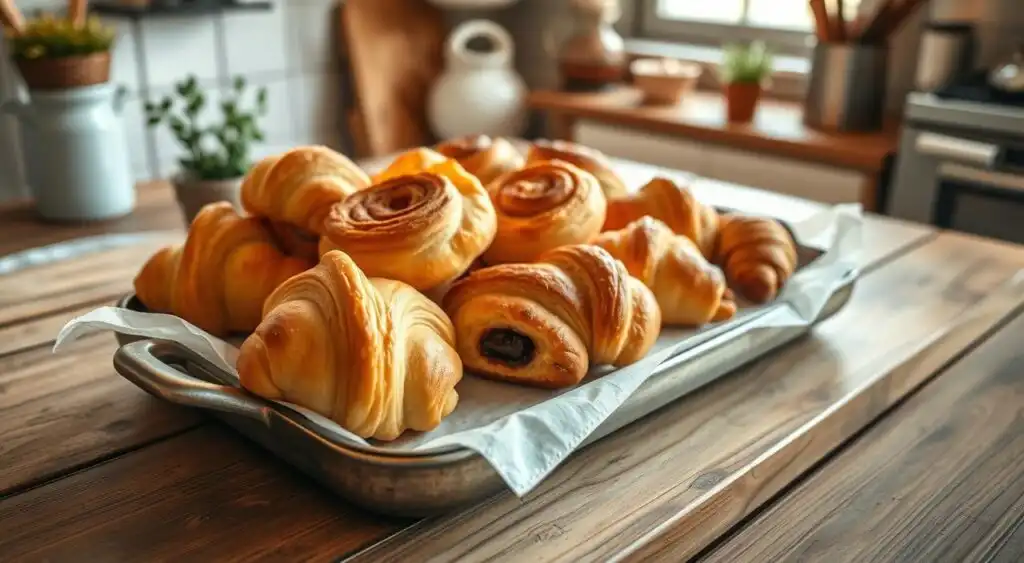 Serving baked treats: a cozy kitchen scene with a rustic wooden table showcasing an array of freshly baked goods - soft, golden-brown crescent rolls, buttery cinnamon buns, and flaky croissants, all perfectly arranged on a vintage serving tray. Warm lighting from a nearby window casts a gentle glow, creating a welcoming and inviting atmosphere. Subtle kitchen accents, such as a potted herb, lend a homey touch. The composition emphasizes the mouthwatering treats, capturing their alluring textures and enticing aromas, ready to be shared and enjoyed on any occasion. Serving baked treats: a cozy kitchen scene with a rustic wooden table showcasing an array of freshly baked goods - soft, golden-brown crescent rolls, buttery cinnamon buns, and flaky croissants, all perfectly arranged on a vintage serving tray. Warm lighting from a nearby window casts a gentle glow, creating a welcoming and inviting atmosphere. Subtle kitchen accents, such as a potted herb, lend a homey touch. The composition emphasizes the mouthwatering treats, capturing their alluring textures and enticing aromas, ready to be shared and enjoyed on any occasion.