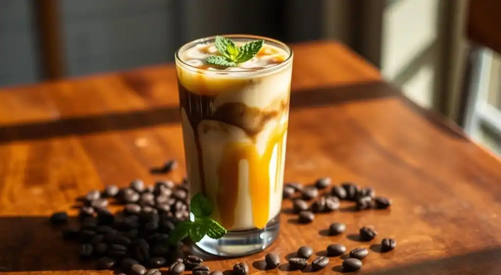 Iced Caramel Macchiato in a Glass with Drizzle