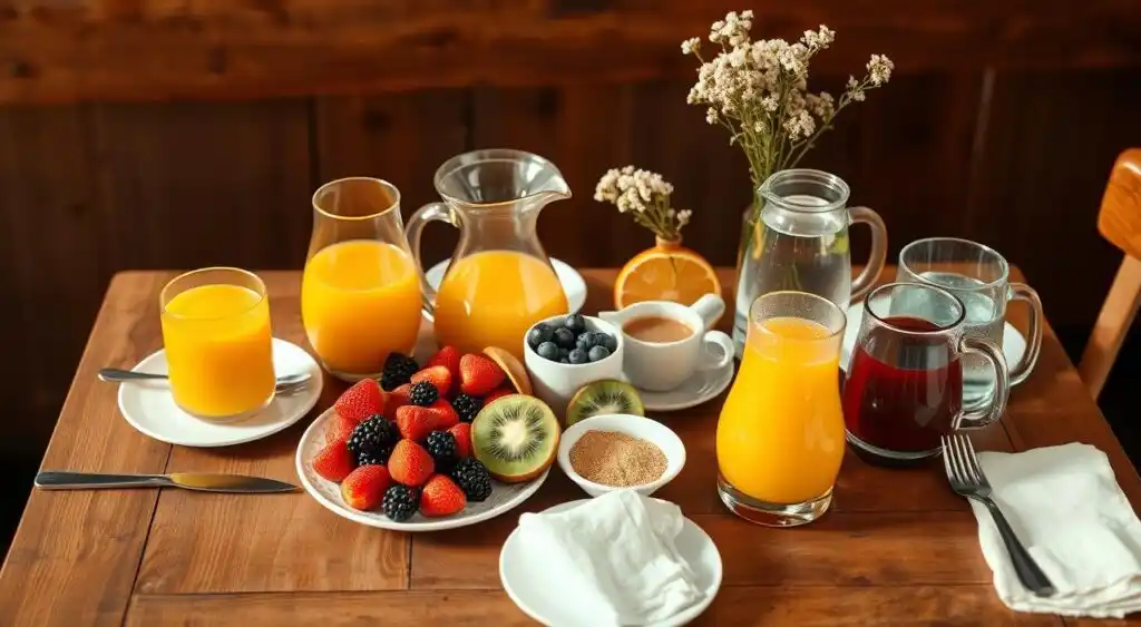 serving breakfast with fruit and drinks serving breakfast with fruit and drinks