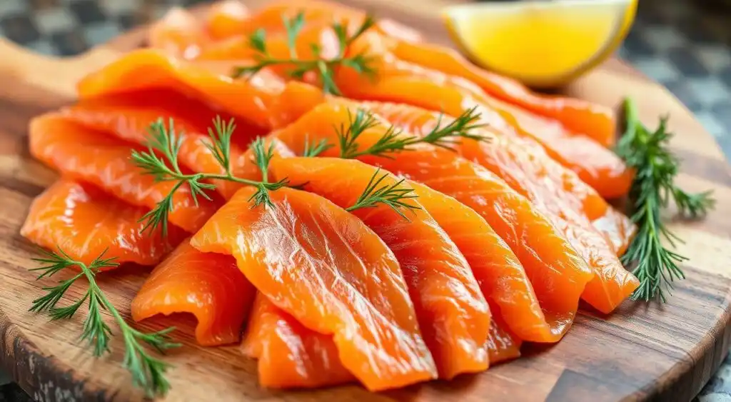 Thinly Sliced Smoked Salmon on Rustic Wooden Board