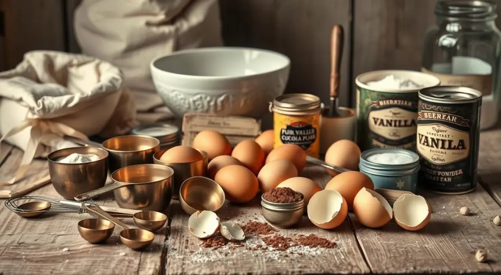 vintage cake ingredients Vintage Cake Ingredients on Wooden Table