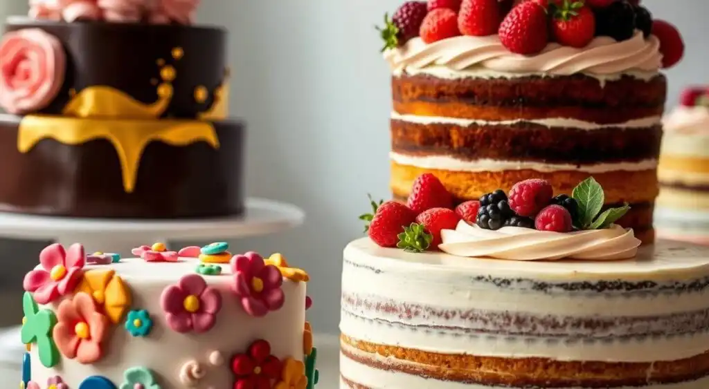 A beautifully curated layer cake display, showcasing a variety of creative designs and flavors. In the foreground, a whimsical cake with fondant decorations in the shape of colorful flowers and geometric patterns. The middle ground features a decadent chocolate cake with a glossy mirror glaze, adorned with edible gold leaf and subtle swirls. In the background, a towering naked cake with rustic buttercream frosting, decorated with fresh berries and delicate sprigs of greenery. The lighting is soft and natural, highlighting the textures and vibrant colors of the cakes. The composition is balanced and visually striking, inviting the viewer to imagine the delicious flavors within. A beautifully curated layer cake display, showcasing a variety of creative designs and flavors. In the foreground, a whimsical cake with fondant decorations in the shape of colorful flowers and geometric patterns. The middle ground features a decadent chocolate cake with a glossy mirror glaze, adorned with edible gold leaf and subtle swirls. In the background, a towering naked cake with rustic buttercream frosting, decorated with fresh berries and delicate sprigs of greenery. The lighting is soft and natural, highlighting the textures and vibrant colors of the cakes. The composition is balanced and visually striking, inviting the viewer to imagine the delicious flavors within.