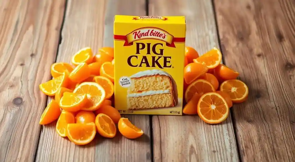 A bright and appetizing still life composition featuring a yellow cake mix box and a pile of fresh mandarin orange segments on a rustic wooden surface. The cake mix box is prominently displayed in the center, its vibrant yellow hue popping against the natural wood tones. The mandarin orange slices are scattered around the box, their juicy segments glistening under soft, even lighting from an unseen source. The overall scene has a homemade, down-to-earth feel, evoking the comfort and nostalgia of baking. The angle is slightly elevated to capture the full arrangement in an inviting, almost tactile manner, drawing the viewer into the delicious ingredients of the "Pig Pickin Cake" recipe. A bright and appetizing still life composition featuring a yellow cake mix box and a pile of fresh mandarin orange segments on a rustic wooden surface. The cake mix box is prominently displayed in the center, its vibrant yellow hue popping against the natural wood tones. The mandarin orange slices are scattered around the box, their juicy segments glistening under soft, even lighting from an unseen source. The overall scene has a homemade, down-to-earth feel, evoking the comfort and nostalgia of baking. The angle is slightly elevated to capture the full arrangement in an inviting, almost tactile manner, drawing the viewer into the delicious ingredients of the "Pig Pickin Cake" recipe.