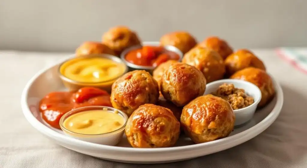 A close-up of a plate featuring an assortment of freshly baked, homemade sausage balls, each one perfectly golden-brown and glistening under soft, warm lighting. The sausage balls are accompanied by an array of tempting dipping sauces, such as a creamy, zesty Rotel cheese dip and a tangy, vibrant salsa. The arrangement is set against a neutral, minimalist background, allowing the delectable sausage balls and vibrant dips to take center stage. The overall composition evokes a cozy, inviting atmosphere, enticing the viewer to indulge in this delightful snack. A close-up of a plate featuring an assortment of freshly baked, homemade sausage balls, each one perfectly golden-brown and glistening under soft, warm lighting. The sausage balls are accompanied by an array of tempting dipping sauces, such as a creamy, zesty Rotel cheese dip and a tangy, vibrant salsa. The arrangement is set against a neutral, minimalist background, allowing the delectable sausage balls and vibrant dips to take center stage. The overall composition evokes a cozy, inviting atmosphere, enticing the viewer to indulge in this delightful snack.