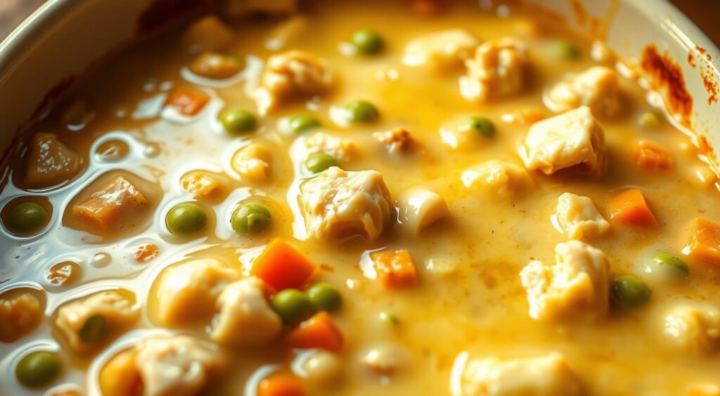A close-up shot of a rich, creamy chicken pot pie filling, glistening with melted butter and flecked with tender chicken chunks, peas, and diced carrots. The filling is nestled in a deep, ceramic baking dish, with a soft, buttery crust visible at the edges. The lighting is warm and golden, casting a comforting glow over the scene. The angle is slightly tilted, giving a sense of depth and inviting the viewer to imagine the savory aroma and satisfying texture of this homemade dish. A close-up shot of a rich, creamy chicken pot pie filling, glistening with melted butter and flecked with tender chicken chunks, peas, and diced carrots. The filling is nestled in a deep, ceramic baking dish, with a soft, buttery crust visible at the edges. The lighting is warm and golden, casting a comforting glow over the scene. The angle is slightly tilted, giving a sense of depth and inviting the viewer to imagine the savory aroma and satisfying texture of this homemade dish.