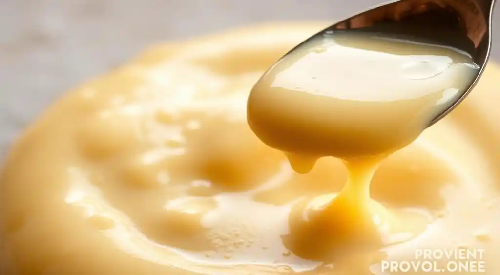 A close-up shot of a rich, creamy provolone cheese sauce, glistening under soft, warm lighting. The sauce has a velvety, silky texture, with slight bubbles and a glossy sheen. In the foreground, individual droplets of the sauce cling to a metal spoon, hinting at its thick, luxurious consistency. The backdrop is a neutral, muted surface, allowing the sauce to be the focal point. Captured at a shallow depth of field, the image conveys a sense of decadence and culinary expertise, providing a visually enticing preview of the perfect provolone sauce. A close-up shot of a rich, creamy provolone cheese sauce, glistening under soft, warm lighting. The sauce has a velvety, silky texture, with slight bubbles and a glossy sheen. In the foreground, individual droplets of the sauce cling to a metal spoon, hinting at its thick, luxurious consistency. The backdrop is a neutral, muted surface, allowing the sauce to be the focal point. Captured at a shallow depth of field, the image conveys a sense of decadence and culinary expertise, providing a visually enticing preview of the perfect provolone sauce.