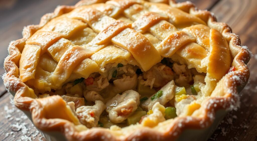 A close-up view of a freshly baked chicken pot pie, its golden crust glistening under a soft, warm lighting. The pie sits atop a rustic wooden table, with a light dusting of flour adding to the homemade feel. Frost crystals cling to the edge of the dish, hinting at the pie's just-from-the-freezer state. The filling, a rich blend of tender chicken, aromatic vegetables, and a creamy sauce, is visible through the lattice crust, enticing the viewer to imagine its comforting flavors. The scene conveys a sense of cozy, make-ahead convenience, perfect for the "Make-Ahead and Storage Instructions" section of a chicken pot pie recipe article. A close-up view of a freshly baked chicken pot pie, its golden crust glistening under a soft, warm lighting. The pie sits atop a rustic wooden table, with a light dusting of flour adding to the homemade feel. Frost crystals cling to the edge of the dish, hinting at the pie's just-from-the-freezer state. The filling, a rich blend of tender chicken, aromatic vegetables, and a creamy sauce, is visible through the lattice crust, enticing the viewer to imagine its comforting flavors. The scene conveys a sense of cozy, make-ahead convenience, perfect for the "Make-Ahead and Storage Instructions" section of a chicken pot pie recipe article.