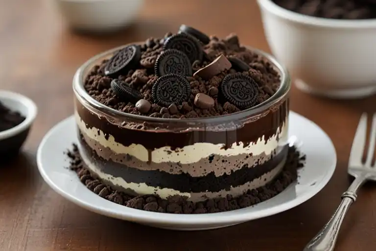 A cozy, intimate scene of a dirt cake dessert chilling in a refrigerator. In the foreground, a clear glass serving dish showcases the layered treat - dark chocolate cookie crumbs, creamy white frosting, and a sprinkling of crushed Oreos on top. Soft, diffused lighting from above gently illuminates the dessert, casting subtle shadows and highlights that emphasize its smooth, inviting texture. The middle ground features the open refrigerator door, with its cool, muted interior creating a sense of anticipation. In the background, a clean, minimalist kitchen setting provides a simple, uncluttered backdrop, allowing the dessert to take center stage. The overall mood is one of tranquility and readiness, perfectly capturing the "chilling time" before this indulgent treat is served. A cozy, intimate scene of a dirt cake dessert chilling in a refrigerator. In the foreground, a clear glass serving dish showcases the layered treat - dark chocolate cookie crumbs, creamy white frosting, and a sprinkling of crushed Oreos on top. Soft, diffused lighting from above gently illuminates the dessert, casting subtle shadows and highlights that emphasize its smooth, inviting texture. The middle ground features the open refrigerator door, with its cool, muted interior creating a sense of anticipation. In the background, a clean, minimalist kitchen setting provides a simple, uncluttered backdrop, allowing the dessert to take center stage. The overall mood is one of tranquility and readiness, perfectly capturing the "chilling time" before this indulgent treat is served.