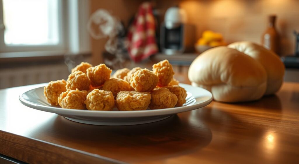 A cozy kitchen counter with a plate of freshly reheated Chicken Minis. The bite-sized breaded and fried chicken nuggets, lovingly arranged, steam gently, their crispy golden exterior beckoning. Soft, fluffy buns sit nearby, ready to cradle the warm chicken. Warm, inviting lighting casts a comforting glow, hinting at the satisfying meal to come. The scene evokes the comforting aroma of fried chicken and the familiar pleasure of savoring a beloved breakfast treat, freshly reheated to perfection. A cozy kitchen counter with a plate of freshly reheated Chicken Minis. The bite-sized breaded and fried chicken nuggets, lovingly arranged, steam gently, their crispy golden exterior beckoning. Soft, fluffy buns sit nearby, ready to cradle the warm chicken. Warm, inviting lighting casts a comforting glow, hinting at the satisfying meal to come. The scene evokes the comforting aroma of fried chicken and the familiar pleasure of savoring a beloved breakfast treat, freshly reheated to perfection.