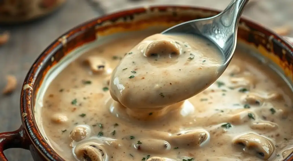 A creamy, velvety sauce glistening in a rustic ceramic dish, the warm tones of the Tuscan kitchen setting the mood. Blended mushrooms, onions, and garlic melt into a rich, smooth texture, infused with fragrant herbs and a hint of white wine. The thick, luscious sauce coats the spoon, ready to be poured over tender chicken and vegetables, creating a comforting, homemade casserole. Soft, diffused lighting casts a gentle glow, highlighting the sauce's inviting creaminess. A subtly distressed background suggests a well-loved recipe, steeped in tradition and ready to be savored. A creamy, velvety sauce glistening in a rustic ceramic dish, the warm tones of the Tuscan kitchen setting the mood. Blended mushrooms, onions, and garlic melt into a rich, smooth texture, infused with fragrant herbs and a hint of white wine. The thick, luscious sauce coats the spoon, ready to be poured over tender chicken and vegetables, creating a comforting, homemade casserole. Soft, diffused lighting casts a gentle glow, highlighting the sauce's inviting creaminess. A subtly distressed background suggests a well-loved recipe, steeped in tradition and ready to be savored.