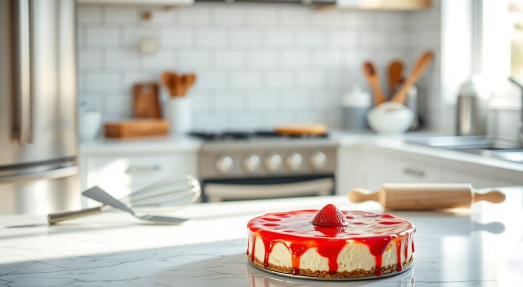 A delicately crafted strawberry cheesecake cake sits atop a white marble countertop, illuminated by soft, natural lighting filtering through a nearby window. In the foreground, a freshly baked cheesecake with a silky, creamy texture and a vibrant red strawberry compote topping takes center stage. In the middle ground, an assortment of baking tools, including a whisk, a spatula, and a rolling pin, hint at the care and precision required to craft the perfect dessert. The background features a clean, minimalist kitchen setting, with subtle details like stainless steel appliances and a crisp, white tile backsplash, creating a serene and inviting atmosphere. A delicately crafted strawberry cheesecake cake sits atop a white marble countertop, illuminated by soft, natural lighting filtering through a nearby window. In the foreground, a freshly baked cheesecake with a silky, creamy texture and a vibrant red strawberry compote topping takes center stage. In the middle ground, an assortment of baking tools, including a whisk, a spatula, and a rolling pin, hint at the care and precision required to craft the perfect dessert. The background features a clean, minimalist kitchen setting, with subtle details like stainless steel appliances and a crisp, white tile backsplash, creating a serene and inviting atmosphere.