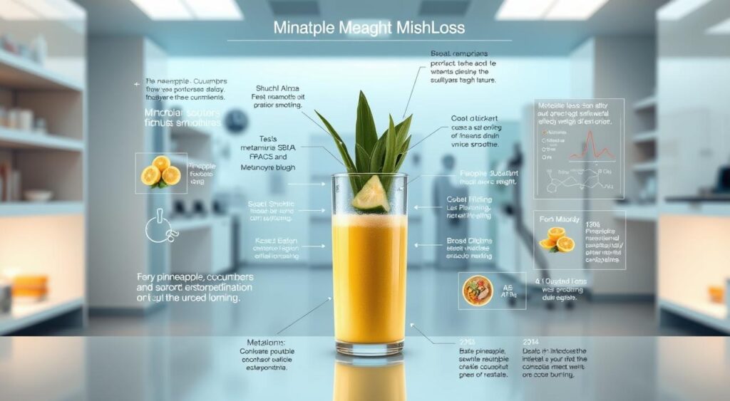 A detailed scientific diagram depicting the metabolic impact of weight loss mechanisms. In the foreground, a central visual representation of the pineapple-cucumber smoothie, surrounded by callouts and annotations highlighting key biochemical processes involved in fat burning and metabolism boosting. In the middle ground, a series of visualized data points and infographic elements showcasing scientific research findings on the effects of the smoothie's ingredients. In the background, a clean, minimalist laboratory setting with medical equipment and scientific apparatus, conveying an atmosphere of clinical authority and credibility. A detailed scientific diagram depicting the metabolic impact of weight loss mechanisms. In the foreground, a central visual representation of the pineapple-cucumber smoothie, surrounded by callouts and annotations highlighting key biochemical processes involved in fat burning and metabolism boosting. In the middle ground, a series of visualized data points and infographic elements showcasing scientific research findings on the effects of the smoothie's ingredients. In the background, a clean, minimalist laboratory setting with medical equipment and scientific apparatus, conveying an atmosphere of clinical authority and credibility.