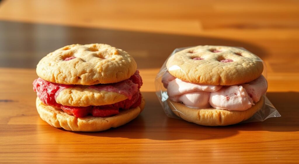 A homemade and a store-bought strawberry ice cream sandwich, side by side on a wooden table. The homemade version has a soft, hand-scooped appearance, with vibrant red strawberry ice cream nestled between two freshly baked, golden-brown cookies. The store-bought sandwich is neatly packaged, with a uniform, machine-cut shape and a slightly paler, more uniform strawberry ice cream filling. Warm, natural lighting casts a cozy glow, emphasizing the homemade sandwich's rustic charm and the store-bought version's sleek, mass-produced aesthetic. The composition creates a clear contrast between the artisanal and the commercial, inviting the viewer to consider the differences in quality, taste, and the personal touch of homemade vs. store-bought. A homemade and a store-bought strawberry ice cream sandwich, side by side on a wooden table. The homemade version has a soft, hand-scooped appearance, with vibrant red strawberry ice cream nestled between two freshly baked, golden-brown cookies. The store-bought sandwich is neatly packaged, with a uniform, machine-cut shape and a slightly paler, more uniform strawberry ice cream filling. Warm, natural lighting casts a cozy glow, emphasizing the homemade sandwich's rustic charm and the store-bought version's sleek, mass-produced aesthetic. The composition creates a clear contrast between the artisanal and the commercial, inviting the viewer to consider the differences in quality, taste, and the personal touch of homemade vs. store-bought.