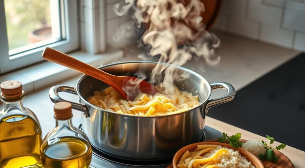 A kitchen counter with a pot of boiling water, steam rising, a wooden spoon stirring al dente pasta. Bright natural lighting from a window, soft shadows, warm tones. Ingredients like olive oil, fresh herbs, and grated Parmesan cheese in the foreground, hinting at the finished dish. The scene captures the process of cooking pasta perfectly for a delicious pasta salad, with a sense of culinary expertise and care. A kitchen counter with a pot of boiling water, steam rising, a wooden spoon stirring al dente pasta. Bright natural lighting from a window, soft shadows, warm tones. Ingredients like olive oil, fresh herbs, and grated Parmesan cheese in the foreground, hinting at the finished dish. The scene captures the process of cooking pasta perfectly for a delicious pasta salad, with a sense of culinary expertise and care.