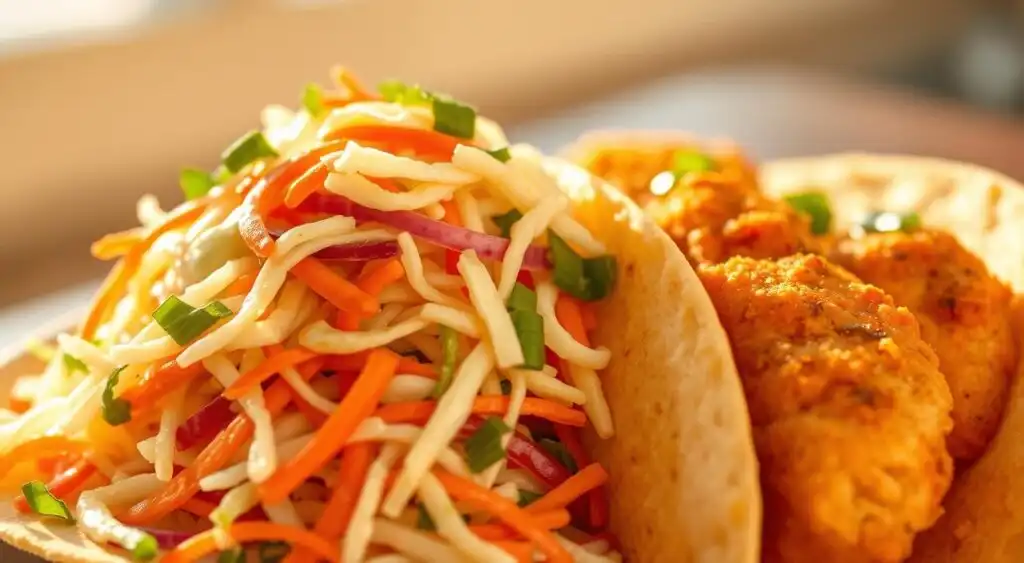 A lush, vibrant coleslaw, its shredded cabbage and carrots glistening with a creamy dressing, nestled alongside succulent fish tacos, their crisp fried fillets and soft tortillas creating a delightful contrast. The slaw's refreshing acidity and crunchy texture perfectly complement the savory, flaky fish. Backlit by warm, golden-hued natural lighting, casting a soft, inviting glow over the scene. Captured from a slightly elevated angle, showcasing the harmonious pairing of these complementary flavors and textures. A lush, vibrant coleslaw, its shredded cabbage and carrots glistening with a creamy dressing, nestled alongside succulent fish tacos, their crisp fried fillets and soft tortillas creating a delightful contrast. The slaw's refreshing acidity and crunchy texture perfectly complement the savory, flaky fish. Backlit by warm, golden-hued natural lighting, casting a soft, inviting glow over the scene. Captured from a slightly elevated angle, showcasing the harmonious pairing of these complementary flavors and textures.