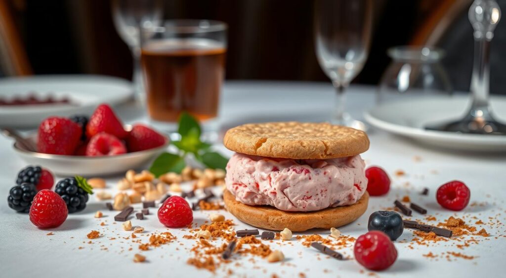 A meticulously arranged gourmet dessert, the centerpiece of an elegant table setting. In the foreground, a decadent strawberry ice cream sandwich, its crisp cookie exterior contrasting with the creamy, vibrant pink interior. Scattered around it, an assortment of artfully placed toppings - fresh berries, crushed nuts, shaved chocolate, and a drizzle of honey. The lighting is soft and warm, creating a cozy, inviting atmosphere. The image is captured from a slightly elevated angle, allowing the viewer to admire the intricate details and textures of this visually stunning, multi-layered dessert. A meticulously arranged gourmet dessert, the centerpiece of an elegant table setting. In the foreground, a decadent strawberry ice cream sandwich, its crisp cookie exterior contrasting with the creamy, vibrant pink interior. Scattered around it, an assortment of artfully placed toppings - fresh berries, crushed nuts, shaved chocolate, and a drizzle of honey. The lighting is soft and warm, creating a cozy, inviting atmosphere. The image is captured from a slightly elevated angle, allowing the viewer to admire the intricate details and textures of this visually stunning, multi-layered dessert.