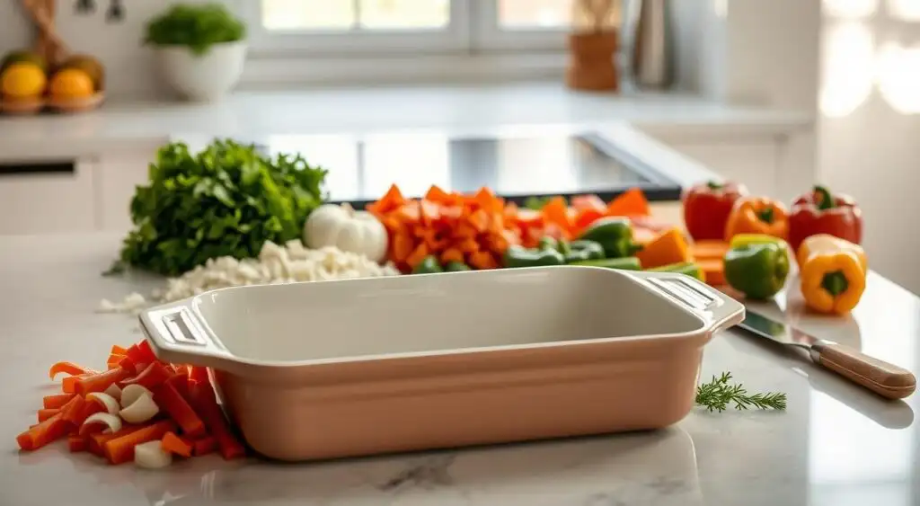 A neatly arranged kitchen counter top, bright and illuminated by soft, natural light filtering through a window. On the surface, freshly chopped vegetables, a casserole dish, and various cooking utensils are meticulously placed, conveying a sense of preparation and anticipation. The vegetables, including diced onions, sliced carrots, and bell peppers, are arranged in an orderly fashion, hinting at the layered nature of the dish to come. The casserole dish, made of sturdy ceramic, stands ready to receive the ingredients, its smooth surface reflecting the surrounding scene. A wooden spoon and a sharp knife rest nearby, suggesting the hands-on process of assembling the casserole. The overall atmosphere is one of culinary focus and attention to detail, setting the stage for the step-by-step cooking instructions to follow. A neatly arranged kitchen counter top, bright and illuminated by soft, natural light filtering through a window. On the surface, freshly chopped vegetables, a casserole dish, and various cooking utensils are meticulously placed, conveying a sense of preparation and anticipation. The vegetables, including diced onions, sliced carrots, and bell peppers, are arranged in an orderly fashion, hinting at the layered nature of the dish to come. The casserole dish, made of sturdy ceramic, stands ready to receive the ingredients, its smooth surface reflecting the surrounding scene. A wooden spoon and a sharp knife rest nearby, suggesting the hands-on process of assembling the casserole. The overall atmosphere is one of culinary focus and attention to detail, setting the stage for the step-by-step cooking instructions to follow.