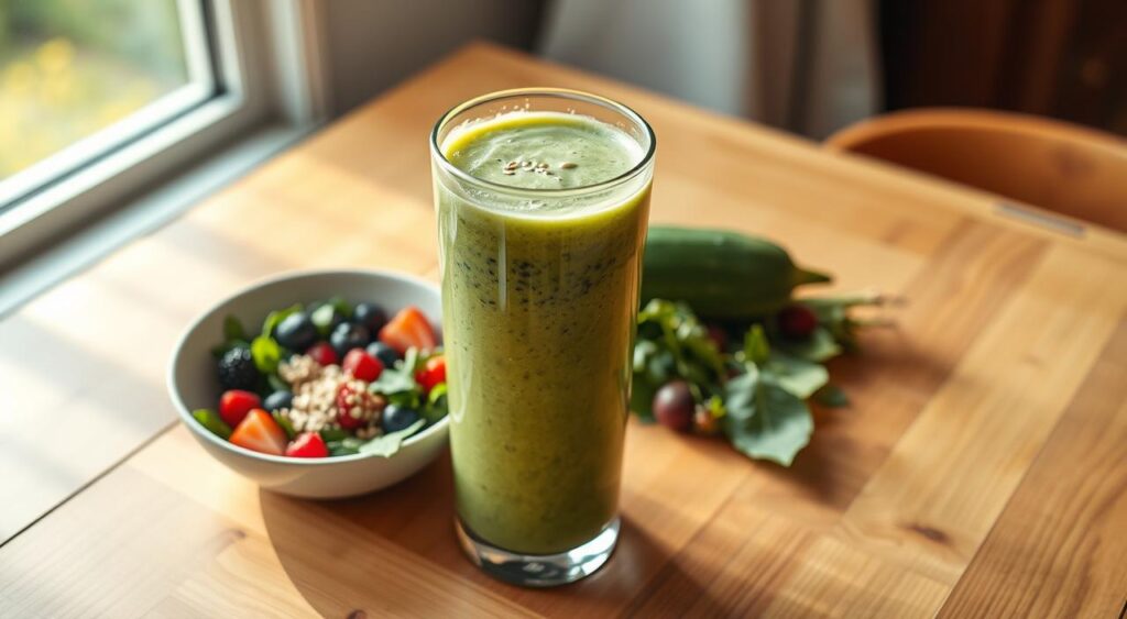 A refreshing and nutrient-dense pineapple cucumber smoothie with a vibrant green hue sits atop a wooden table, accompanied by a simple meal replacement bowl filled with fresh greens, berries, and a sprinkling of seeds. The smoothie is presented in a clear glass, allowing the layers of fruit and vegetables to be visible. Soft, natural lighting from a nearby window casts a warm glow, highlighting the smooth, creamy texture of the smoothie. The overall composition conveys a sense of balance, wellness, and a commitment to a healthy lifestyle. A refreshing and nutrient-dense pineapple cucumber smoothie with a vibrant green hue sits atop a wooden table, accompanied by a simple meal replacement bowl filled with fresh greens, berries, and a sprinkling of seeds. The smoothie is presented in a clear glass, allowing the layers of fruit and vegetables to be visible. Soft, natural lighting from a nearby window casts a warm glow, highlighting the smooth, creamy texture of the smoothie. The overall composition conveys a sense of balance, wellness, and a commitment to a healthy lifestyle.
