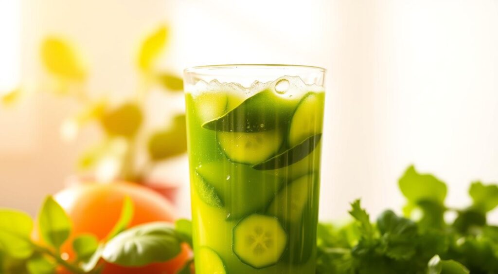 A refreshing glass of nutrient-rich green juice, filled to the brim with vibrant leafy greens, crisp cucumbers, and a hint of citrus. The liquid shimmers with a natural, glowing hue, inviting the viewer to take a sip and experience its rejuvenating properties. Sunlight filters through the glass, casting a warm, golden glow that accentuates the juice's fresh and healthy appearance. The composition is clean, minimalist, and focuses solely on the captivating beverage, allowing it to take center stage as the star of the scene. The mood is one of wellness, vitality, and a renewed sense of energy, perfectly capturing the essence of a nourishing green juice recipe for weight loss and boosting immunity. A refreshing glass of nutrient-rich green juice, filled to the brim with vibrant leafy greens, crisp cucumbers, and a hint of citrus. The liquid shimmers with a natural, glowing hue, inviting the viewer to take a sip and experience its rejuvenating properties. Sunlight filters through the glass, casting a warm, golden glow that accentuates the juice's fresh and healthy appearance. The composition is clean, minimalist, and focuses solely on the captivating beverage, allowing it to take center stage as the star of the scene. The mood is one of wellness, vitality, and a renewed sense of energy, perfectly capturing the essence of a nourishing green juice recipe for weight loss and boosting immunity.
