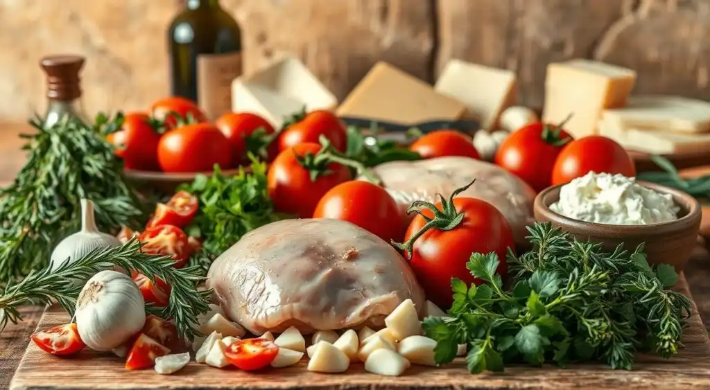 A rustic Italian still life showcasing the essential ingredients for a hearty Tuscan chicken casserole. In the foreground, arrange fresh chicken thighs, chopped garlic, and plump tomatoes. In the middle ground, display a variety of herbs such as rosemary, thyme, and oregano. In the background, place a selection of aged Parmesan cheese, creamy ricotta, and a drizzle of olive oil. Bathe the scene in warm, golden lighting to evoke the sunlit landscapes of Tuscany. Capture the scene with a soft, shallow depth of field to make the ingredients the central focus. A rustic Italian still life showcasing the essential ingredients for a hearty Tuscan chicken casserole. In the foreground, arrange fresh chicken thighs, chopped garlic, and plump tomatoes. In the middle ground, display a variety of herbs such as rosemary, thyme, and oregano. In the background, place a selection of aged Parmesan cheese, creamy ricotta, and a drizzle of olive oil. Bathe the scene in warm, golden lighting to evoke the sunlit landscapes of Tuscany. Capture the scene with a soft, shallow depth of field to make the ingredients the central focus.