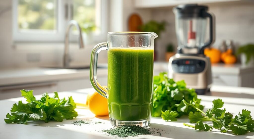 A sunlit kitchen counter, pristine and minimalist, as the stage for a vibrant green juice blend preparation. In the foreground, an elegant glass pitcher filled with a lush, verdant elixir, its surface glistening with tiny bubbles. Surrounding it, an array of freshly washed fruits and vegetables - crisp kale, bright spinach, crunchy celery, and a scattering of spirulina powder. A high-powered blender stands ready, its stainless steel body reflecting the warm, natural light filtering in through a nearby window. The scene radiates a sense of purity, health, and a dedication to wellness, inviting the viewer to imagine the refreshing, nourishing properties of the homemade green juice. A sunlit kitchen counter, pristine and minimalist, as the stage for a vibrant green juice blend preparation. In the foreground, an elegant glass pitcher filled with a lush, verdant elixir, its surface glistening with tiny bubbles. Surrounding it, an array of freshly washed fruits and vegetables - crisp kale, bright spinach, crunchy celery, and a scattering of spirulina powder. A high-powered blender stands ready, its stainless steel body reflecting the warm, natural light filtering in through a nearby window. The scene radiates a sense of purity, health, and a dedication to wellness, inviting the viewer to imagine the refreshing, nourishing properties of the homemade green juice.