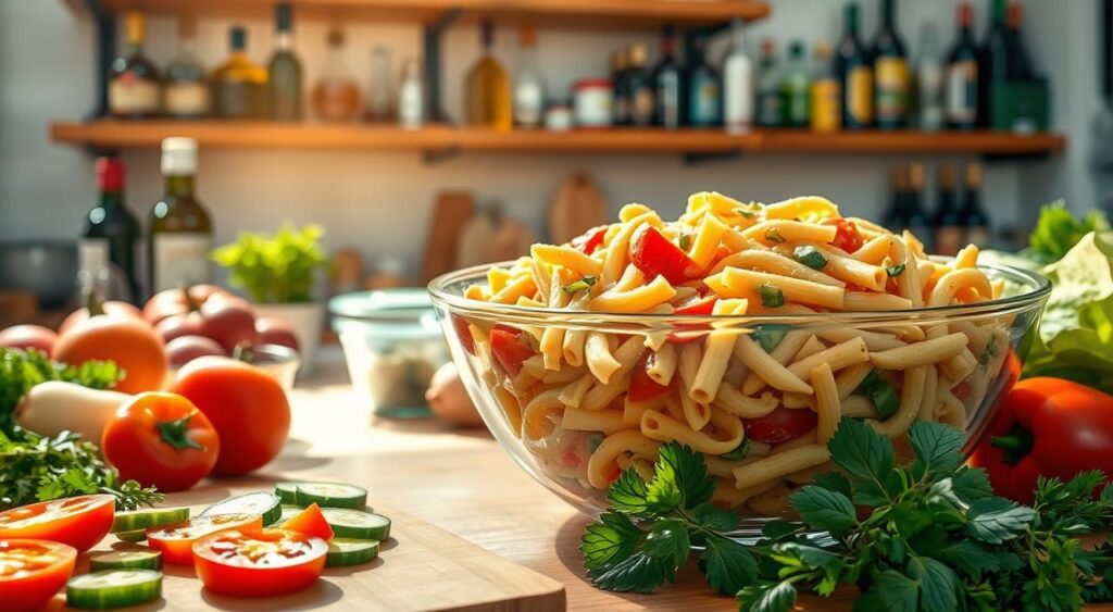 A sunlit kitchen countertop filled with fresh vegetables, herbs, and pasta ingredients. In the foreground, a cutting board showcases neatly chopped tomatoes, cucumbers, and bell peppers. In the middle ground, a large glass bowl overflows with perfectly cooked and dressed pasta salad, tossed with a vibrant, creamy Olive Garden-style dressing. The background features shelves stocked with olive oil, vinegar, and other essential cooking supplies, conveying a sense of culinary preparation and expertise. Warm, natural lighting casts a soft glow over the scene, creating an inviting and appetizing atmosphere. A sunlit kitchen countertop filled with fresh vegetables, herbs, and pasta ingredients. In the foreground, a cutting board showcases neatly chopped tomatoes, cucumbers, and bell peppers. In the middle ground, a large glass bowl overflows with perfectly cooked and dressed pasta salad, tossed with a vibrant, creamy Olive Garden-style dressing. The background features shelves stocked with olive oil, vinegar, and other essential cooking supplies, conveying a sense of culinary preparation and expertise. Warm, natural lighting casts a soft glow over the scene, creating an inviting and appetizing atmosphere.