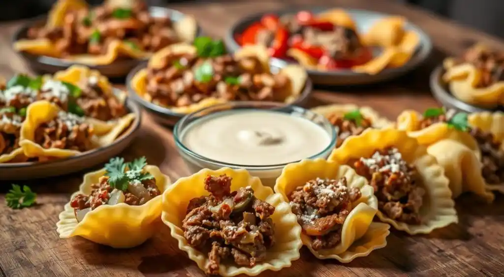 A variety of cheesesteak tortellini dishes arranged on a rustic wooden table, with a focus on their enticing textures and flavors. In the foreground, several tortellini filled with a savory blend of shredded beef, melted provolone, and sautéed onions, garnished with fresh parsley. In the middle ground, a small bowl of creamy provolone sauce, its rich, velvety consistency inviting the viewer to imagine dipping the tortellini. In the background, a few additional variations, such as tortellini tossed with roasted red peppers and a sprinkle of Parmesan, or a plate featuring a mix of classic cheesesteak and more adventurous fillings like mushrooms and spinach. Warm, earthy lighting casts a cozy glow over the scene, highlighting the comforting, homemade nature of these cheesesteak tortellini creations. A variety of cheesesteak tortellini dishes arranged on a rustic wooden table, with a focus on their enticing textures and flavors. In the foreground, several tortellini filled with a savory blend of shredded beef, melted provolone, and sautéed onions, garnished with fresh parsley. In the middle ground, a small bowl of creamy provolone sauce, its rich, velvety consistency inviting the viewer to imagine dipping the tortellini. In the background, a few additional variations, such as tortellini tossed with roasted red peppers and a sprinkle of Parmesan, or a plate featuring a mix of classic cheesesteak and more adventurous fillings like mushrooms and spinach. Warm, earthy lighting casts a cozy glow over the scene, highlighting the comforting, homemade nature of these cheesesteak tortellini creations.