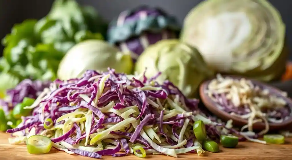 A vibrant assortment of fresh cabbage varieties rests on a wooden surface, illuminated by soft, natural lighting. In the foreground, a mix of shredded green and purple cabbage glistens, ready to be transformed into a crisp, flavorful coleslaw. The middle ground showcases whole cabbage heads in various hues, their leaves prominently displayed. In the background, a subtle bokeh effect creates a sense of depth, complementing the overall composition. This carefully curated scene captures the essential ingredients for crafting the perfect coleslaw to complement savory fish tacos. A vibrant assortment of fresh cabbage varieties rests on a wooden surface, illuminated by soft, natural lighting. In the foreground, a mix of shredded green and purple cabbage glistens, ready to be transformed into a crisp, flavorful coleslaw. The middle ground showcases whole cabbage heads in various hues, their leaves prominently displayed. In the background, a subtle bokeh effect creates a sense of depth, complementing the overall composition. This carefully curated scene captures the essential ingredients for crafting the perfect coleslaw to complement savory fish tacos.