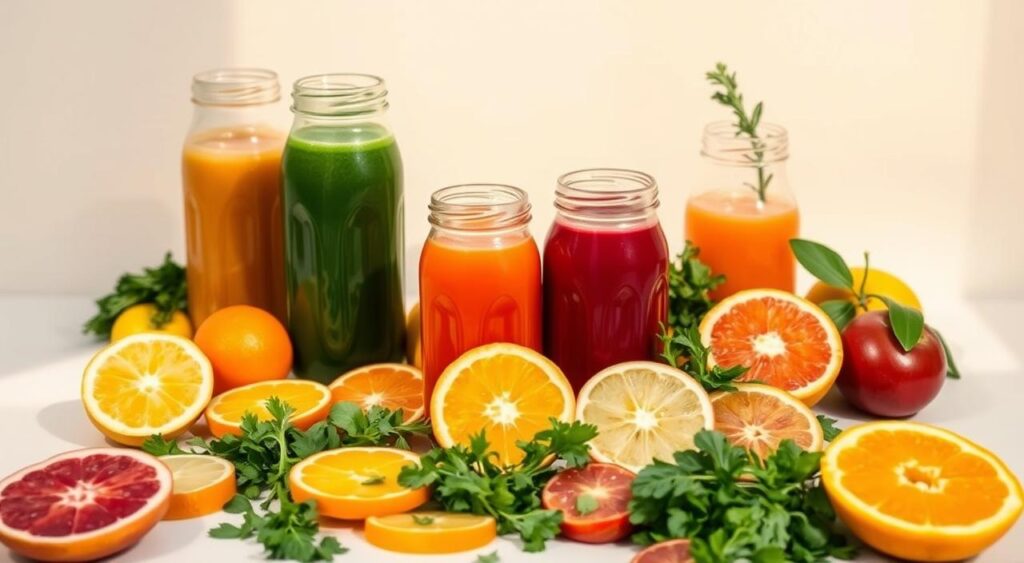 A vibrant, minimalist still life showcasing an arrangement of freshly juiced produce against a clean, bright background. In the foreground, glass jugs brim with a rainbow of fruit and vegetable juices - vivid greens, crisp reds, vibrant oranges. Surrounding them, a scattering of freshly sliced citrus, leafy greens, and aromatic herbs. Soft, natural lighting casts a warm glow, highlighting the juices' luscious textures and jewel-toned hues. The overall mood is one of rejuvenation, vitality, and a sense of balance - an inviting tableau to inspire a holistic body reset. A vibrant, minimalist still life showcasing an arrangement of freshly juiced produce against a clean, bright background. In the foreground, glass jugs brim with a rainbow of fruit and vegetable juices - vivid greens, crisp reds, vibrant oranges. Surrounding them, a scattering of freshly sliced citrus, leafy greens, and aromatic herbs. Soft, natural lighting casts a warm glow, highlighting the juices' luscious textures and jewel-toned hues. The overall mood is one of rejuvenation, vitality, and a sense of balance - an inviting tableau to inspire a holistic body reset.