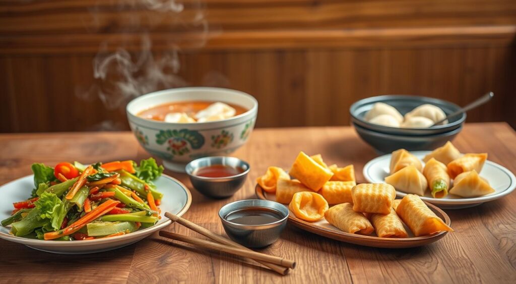 A visually balanced Chinese meal presented on a wooden table, with a steaming bowl of wonton soup as the centerpiece. In the foreground, an assortment of carefully arranged side dishes, including sautéed vegetables, crispy spring rolls, and a plate of dumplings. The middle ground features a pair of chopsticks and a small dipping sauce dish, creating a sense of harmony. The background is softly lit, with warm, natural tones that evoke the cozy ambiance of a traditional Chinese restaurant. The overall composition is elegant, inviting, and designed to complement the rich flavors and textures of the wonton soup. A visually balanced Chinese meal presented on a wooden table, with a steaming bowl of wonton soup as the centerpiece. In the foreground, an assortment of carefully arranged side dishes, including sautéed vegetables, crispy spring rolls, and a plate of dumplings. The middle ground features a pair of chopsticks and a small dipping sauce dish, creating a sense of harmony. The background is softly lit, with warm, natural tones that evoke the cozy ambiance of a traditional Chinese restaurant. The overall composition is elegant, inviting, and designed to complement the rich flavors and textures of the wonton soup.