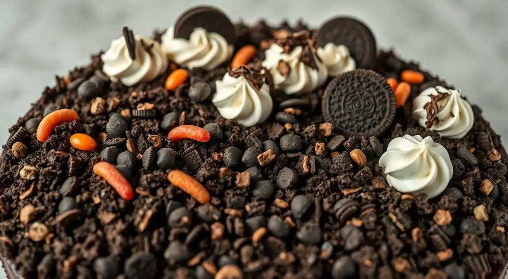 A visually stunning array of creative Oreo dirt cake decorations, captured in a softly lit, overhead composition. Foreground features an artfully arranged assortment of Oreo cookie crumbs, crushed graham crackers, and whimsical candy decorations like gummy worms, chocolate shavings, and crumbled Oreo pieces, strategically placed to evoke a lush, textured "dirt" effect. Midground showcases a variety of piped buttercream, chocolate ganache, and whipped cream decorations, including swirls, dollops, and intricate patterns. Background subtly blends into a neutral, slightly out-of-focus backdrop, allowing the decadent dessert details to take center stage. Mood is indulgent, whimsical, and visually captivating, perfectly suited to inspire creative Oreo dirt cake decorating ideas. A visually stunning array of creative Oreo dirt cake decorations, captured in a softly lit, overhead composition. Foreground features an artfully arranged assortment of Oreo cookie crumbs, crushed graham crackers, and whimsical candy decorations like gummy worms, chocolate shavings, and crumbled Oreo pieces, strategically placed to evoke a lush, textured "dirt" effect. Midground showcases a variety of piped buttercream, chocolate ganache, and whipped cream decorations, including swirls, dollops, and intricate patterns. Background subtly blends into a neutral, slightly out-of-focus backdrop, allowing the decadent dessert details to take center stage. Mood is indulgent, whimsical, and visually captivating, perfectly suited to inspire creative Oreo dirt cake decorating ideas.