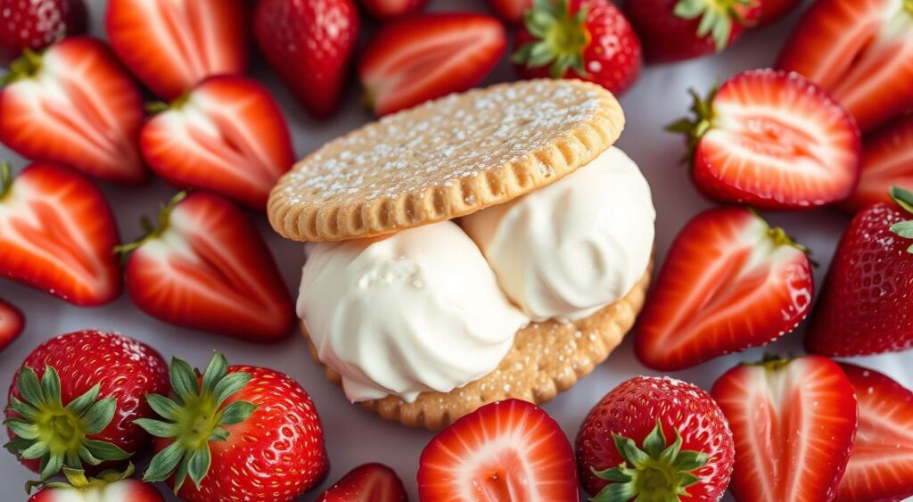 An array of fresh strawberries, halved and arranged neatly. Soft, pillowy vanilla ice cream scoops placed between two golden-brown wafer cookies. The cookies are crisp on the edges, lightly dusted with powdered sugar. Soft natural lighting illuminates the scene, casting gentle shadows and highlights the textures. The composition is clean and symmetrical, drawing the eye to the delicate assembly of this homemade strawberry ice cream sandwich. The overall mood is one of simplicity, sweetness, and the comforting nostalgia of a classic summertime treat. An array of fresh strawberries, halved and arranged neatly. Soft, pillowy vanilla ice cream scoops placed between two golden-brown wafer cookies. The cookies are crisp on the edges, lightly dusted with powdered sugar. Soft natural lighting illuminates the scene, casting gentle shadows and highlights the textures. The composition is clean and symmetrical, drawing the eye to the delicate assembly of this homemade strawberry ice cream sandwich. The overall mood is one of simplicity, sweetness, and the comforting nostalgia of a classic summertime treat.
