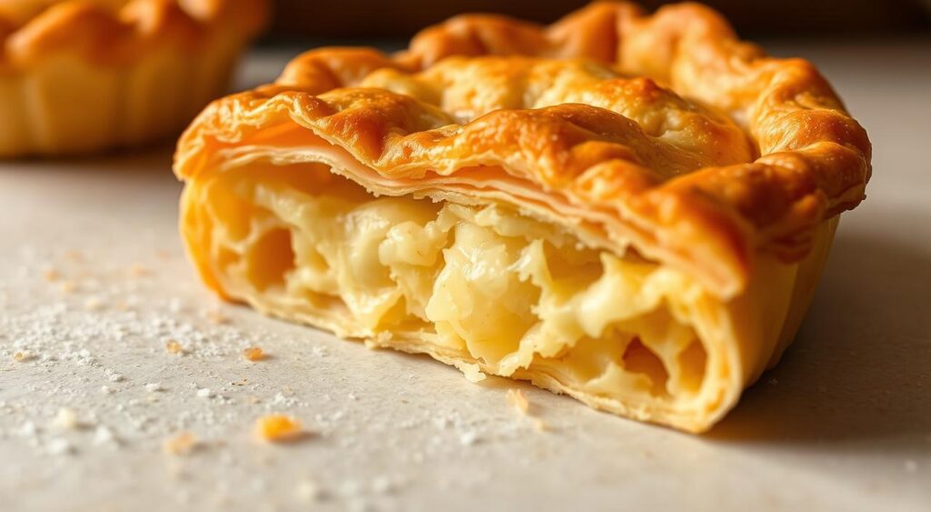 Flaky pie crust with golden brown hue, delicate layers gently pulling apart, revealing a light, airy interior. Soft, buttery texture with a hint of flakiness, illuminated by warm, directional lighting that accentuates the crust's intricate structure. Placed on a neutral, uncluttered surface, allowing the crust to be the focal point, with a slight blur in the background to emphasize the crisp details of the pastry. The overall mood is one of temptation, inviting the viewer to imagine the satisfying crunch and melt-in-your-mouth experience of this perfect pie crust. Flaky pie crust with golden brown hue, delicate layers gently pulling apart, revealing a light, airy interior. Soft, buttery texture with a hint of flakiness, illuminated by warm, directional lighting that accentuates the crust's intricate structure. Placed on a neutral, uncluttered surface, allowing the crust to be the focal point, with a slight blur in the background to emphasize the crisp details of the pastry. The overall mood is one of temptation, inviting the viewer to imagine the satisfying crunch and melt-in-your-mouth experience of this perfect pie crust.