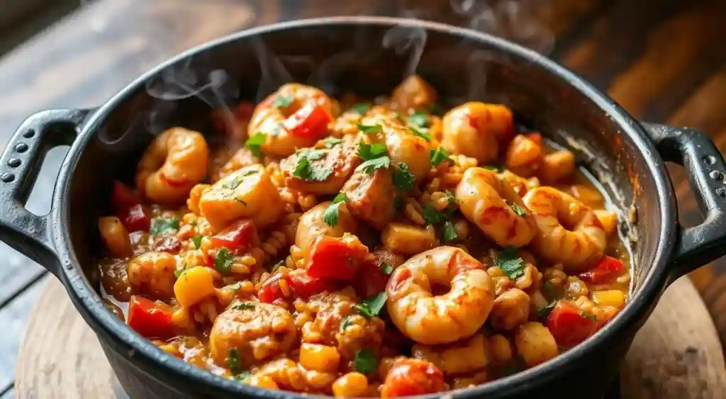 Image of a sizzling Cajun Chicken and Shrimp Jambalaya dish in a cast-iron pot. Image of a sizzling Cajun Chicken and Shrimp Jambalaya dish in a cast-iron pot.