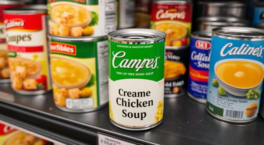 Image of cream of chicken soup in a grocery store Cream of Chicken Soup Cans on Grocery Store Shelf