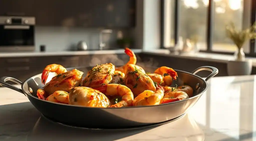 Sizzling chicken and shrimp in a modern, minimalist kitchen. Juicy chicken breasts and plump shrimp sautéed in a glistening pan, bathed in a fragrant blend of garlic, herbs, and citrus. Soft shadows caress the scene, highlighting the vibrant colors and inviting textures. Clean lines and sleek surfaces create an airy, uncluttered atmosphere, allowing the culinary stars to take center stage. Natural light streams in through large windows, casting a warm, golden glow over the preparations. Crisp, high-contrast lighting emphasizes the intricate details - the glistening sear on the protein, the fresh herbs, the squeeze of lemon. The image evokes a sense of effortless, elevated home cooking, ready to be savored. Sizzling chicken and shrimp in a modern, minimalist kitchen. Juicy chicken breasts and plump shrimp sautéed in a glistening pan, bathed in a fragrant blend of garlic, herbs, and citrus. Soft shadows caress the scene, highlighting the vibrant colors and inviting textures. Clean lines and sleek surfaces create an airy, uncluttered atmosphere, allowing the culinary stars to take center stage. Natural light streams in through large windows, casting a warm, golden glow over the preparations. Crisp, high-contrast lighting emphasizes the intricate details - the glistening sear on the protein, the fresh herbs, the squeeze of lemon. The image evokes a sense of effortless, elevated home cooking, ready to be savored.