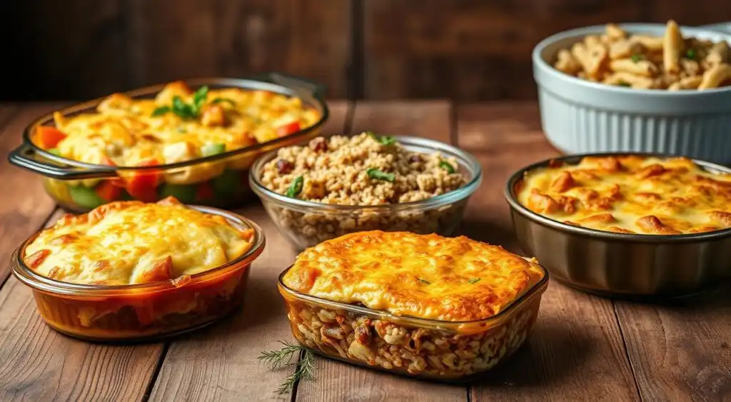 Vibrant and inviting casserole variations arranged artfully on a rustic wooden table. In the foreground, a hearty shepherd's pie with a golden, crisp topping. In the middle ground, a colorful vegetable and quinoa casserole, garnished with fresh herbs. In the background, a classic tuna noodle casserole, its creamy sauce contrasting with crunchy breadcrumbs. Soft, diffused lighting casts a warm glow, highlighting the textures and flavors of these comforting dishes. The overall scene conveys a sense of homey, homemade goodness, inspiring the viewer to try new and creative casserole recipes. Vibrant and inviting casserole variations arranged artfully on a rustic wooden table. In the foreground, a hearty shepherd's pie with a golden, crisp topping. In the middle ground, a colorful vegetable and quinoa casserole, garnished with fresh herbs. In the background, a classic tuna noodle casserole, its creamy sauce contrasting with crunchy breadcrumbs. Soft, diffused lighting casts a warm glow, highlighting the textures and flavors of these comforting dishes. The overall scene conveys a sense of homey, homemade goodness, inspiring the viewer to try new and creative casserole recipes.