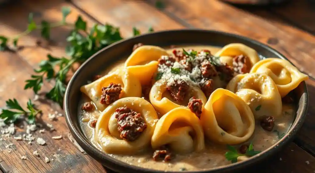 cheesesteak tortellini in rich provolone sauce