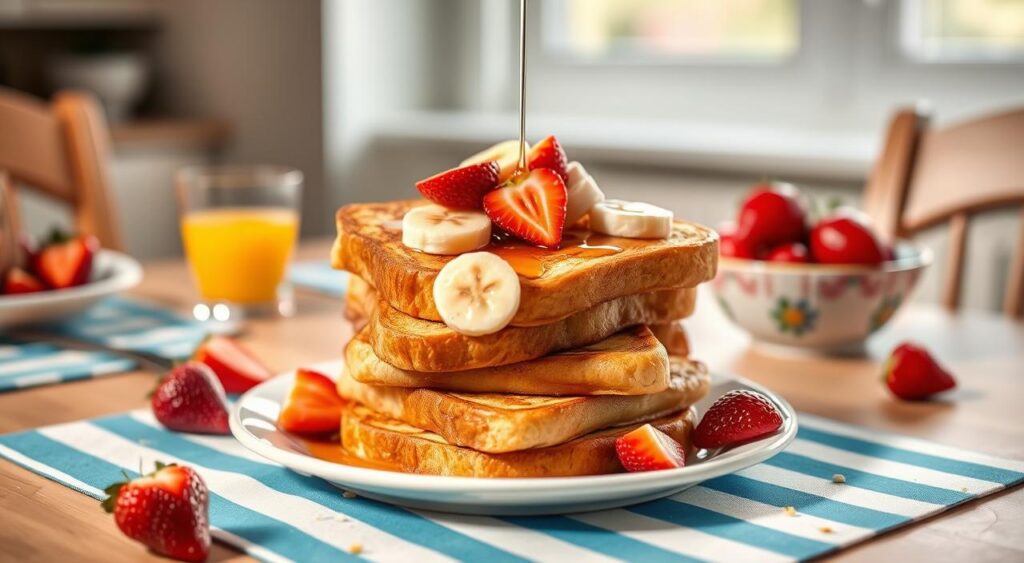 A cheerful, kid-friendly breakfast scene with a stack of golden-brown Hawaiian roll French toast garnished with sliced bananas, strawberries, and a drizzle of maple syrup. The table is set with a bright blue and white striped placemat, a small glass of orange juice, and a few scattered crumbs, conveying a sense of homey, family-friendly comfort. Soft, diffused lighting from a large window illuminates the scene, casting warm shadows and highlighting the vibrant colors of the fruit. The overall mood is inviting and enticing, perfectly suited to showcase a delicious and nutritious breakfast that will delight both children and adults. A cheerful, kid-friendly breakfast scene with a stack of golden-brown Hawaiian roll French toast garnished with sliced bananas, strawberries, and a drizzle of maple syrup. The table is set with a bright blue and white striped placemat, a small glass of orange juice, and a few scattered crumbs, conveying a sense of homey, family-friendly comfort. Soft, diffused lighting from a large window illuminates the scene, casting warm shadows and highlighting the vibrant colors of the fruit. The overall mood is inviting and enticing, perfectly suited to showcase a delicious and nutritious breakfast that will delight both children and adults.