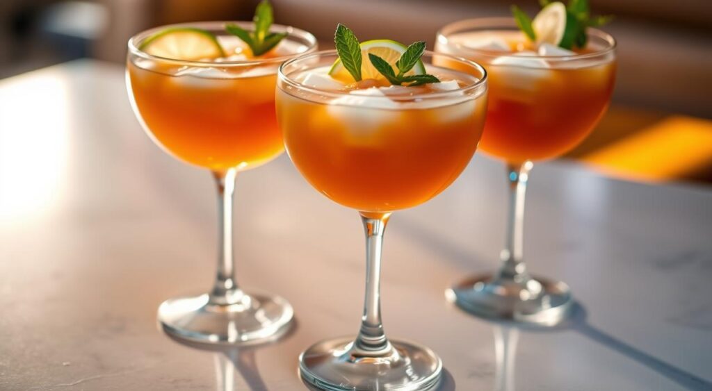 A close-up shot of three elegant cocktail glasses filled with a vibrant, amber-colored coconut syrup-based cocktail, garnished with fresh coconut slices, lime wedges, and a sprig of mint. The glasses are placed on a smooth, reflective surface, creating a sense of depth and dimension. Soft, warm lighting illuminates the scene, casting subtle shadows and highlights that enhance the rich, creamy texture of the cocktails. The overall mood is one of sophistication and inviting tropical indulgence. A close-up shot of three elegant cocktail glasses filled with a vibrant, amber-colored coconut syrup-based cocktail, garnished with fresh coconut slices, lime wedges, and a sprig of mint. The glasses are placed on a smooth, reflective surface, creating a sense of depth and dimension. Soft, warm lighting illuminates the scene, casting subtle shadows and highlights that enhance the rich, creamy texture of the cocktails. The overall mood is one of sophistication and inviting tropical indulgence.