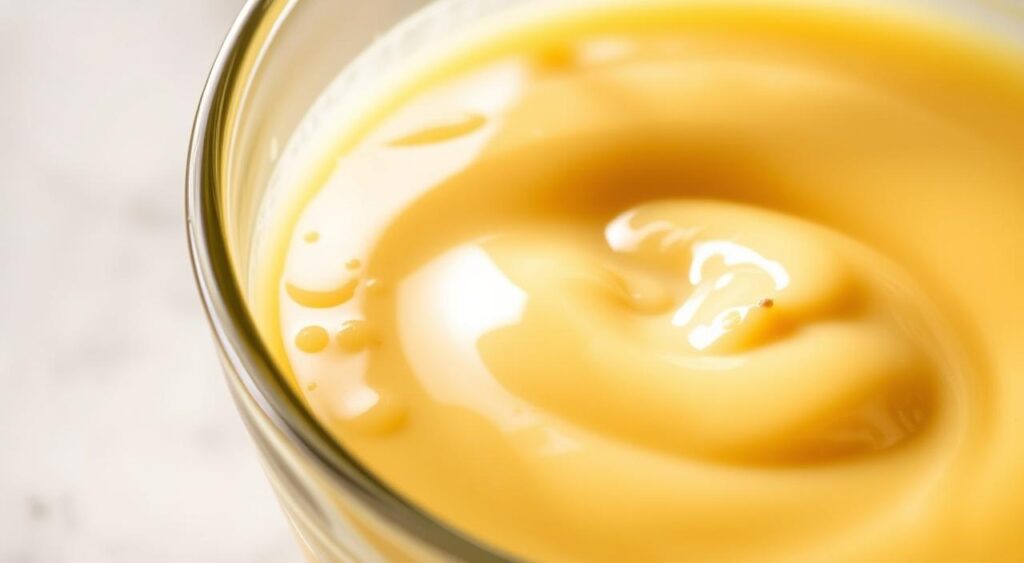 A close-up view of a glass bowl filled with a rich, golden custard mixture, glistening under soft, warm lighting. The smooth, creamy texture of the custard is visible, with a hint of vanilla and spices like cinnamon swirling throughout. The bowl is set against a neutral, out-of-focus background, allowing the custard to be the focal point. The image conveys a sense of comfort and indulgence, perfectly capturing the essence of the "Making the Custard Mixture" section of the Hawaiian Roll French Toast recipe. A close-up view of a glass bowl filled with a rich, golden custard mixture, glistening under soft, warm lighting. The smooth, creamy texture of the custard is visible, with a hint of vanilla and spices like cinnamon swirling throughout. The bowl is set against a neutral, out-of-focus background, allowing the custard to be the focal point. The image conveys a sense of comfort and indulgence, perfectly capturing the essence of the "Making the Custard Mixture" section of the Hawaiian Roll French Toast recipe.