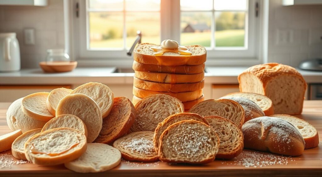 A well-lit kitchen counter, with a variety of bread slices artfully arranged in the foreground - from soft, fluffy white loaves to rustic sourdough and hearty whole grain. In the middle ground, a stack of golden brown French toast, drizzled with maple syrup and dusted with powdered sugar, stands as the centerpiece. The background features a window overlooking a idyllic pastoral scene, casting a warm, natural light across the scene. The overall mood is one of thoughtful contemplation, as the viewer is invited to consider the nuances of bread selection for the perfect French toast experience. A well-lit kitchen counter, with a variety of bread slices artfully arranged in the foreground - from soft, fluffy white loaves to rustic sourdough and hearty whole grain. In the middle ground, a stack of golden brown French toast, drizzled with maple syrup and dusted with powdered sugar, stands as the centerpiece. The background features a window overlooking a idyllic pastoral scene, casting a warm, natural light across the scene. The overall mood is one of thoughtful contemplation, as the viewer is invited to consider the nuances of bread selection for the perfect French toast experience.
